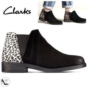 Clarks Demi2 Chelsea black suede bootie leather block heel round toe ankle boots